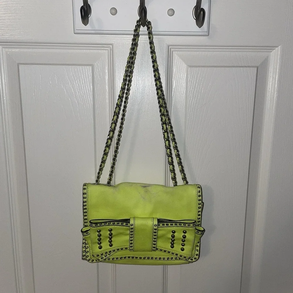 Rebecca Minkoff Bow Studded Shoulder Crossbody Bag Purse Neon Yellow Chain Strap